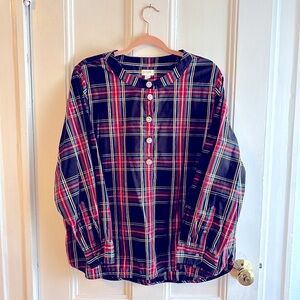 JCREW Black/Red Tartan Plaid Cotton Poplin Top Jeweled Buttons 2X